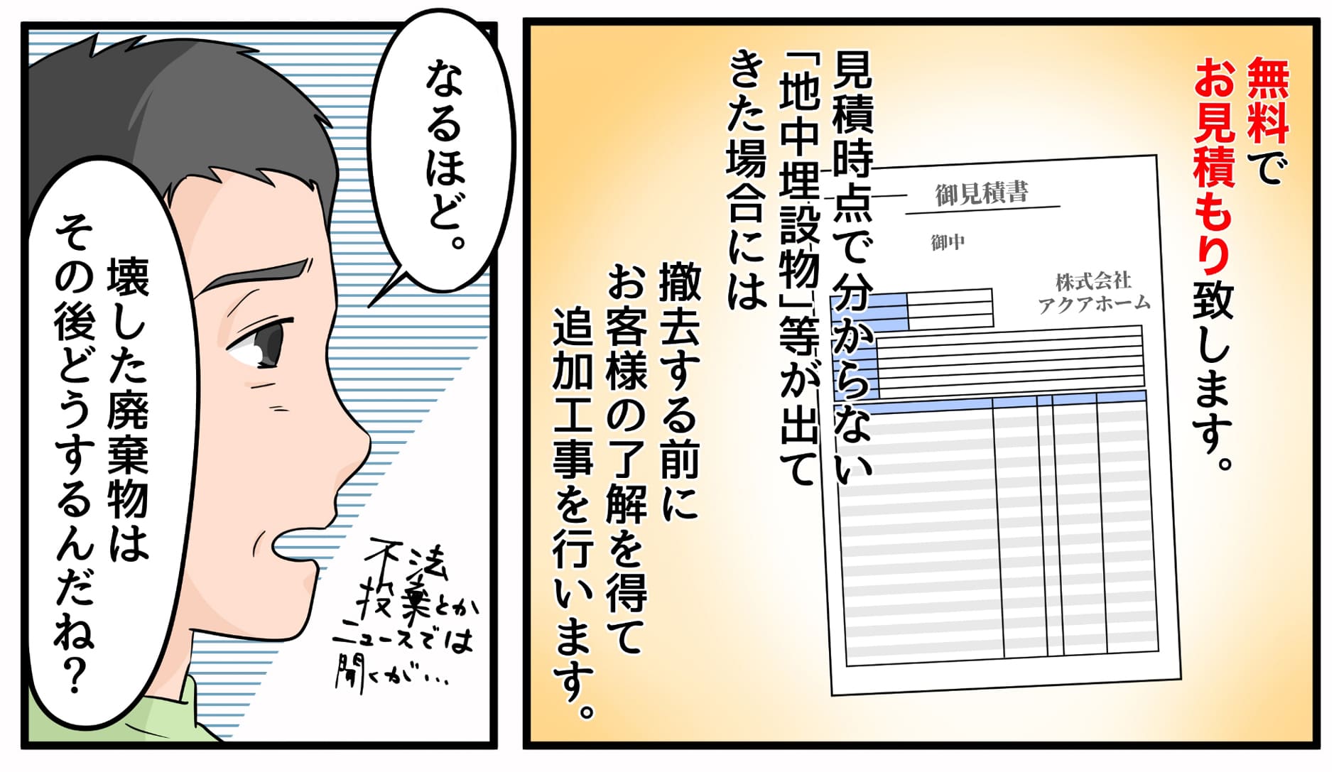 無料でお見積り致します。見積時点で分からない「地中埋設物」等が出てきた場合には撤去する前にお客様の了解を得て追加工事を行います。 なるほど。壊した廃棄物はその後どうするんだね?